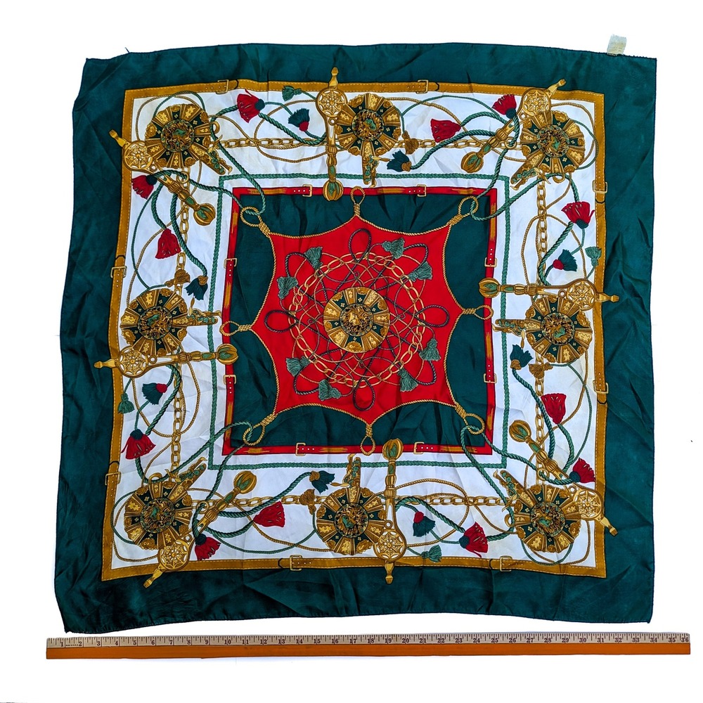 Vintage Equestrian Lion Crest Square Scarf Green Red Gold Tassel Nautical 34x34
